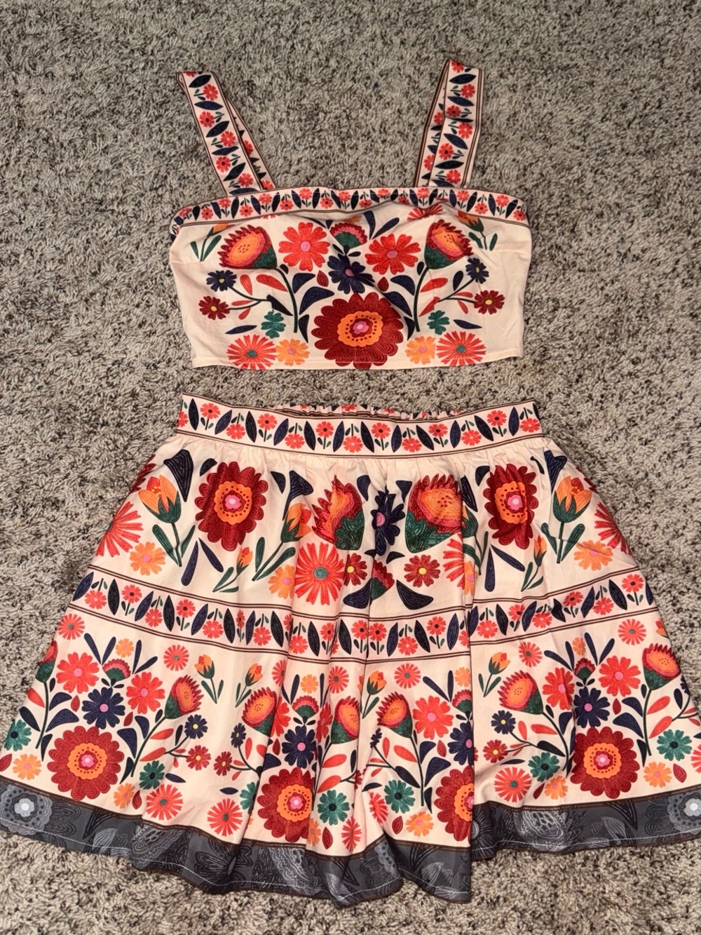 SHEIN Cream Floral Embroidered Crop Top & Skirt Set